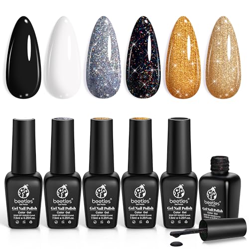 Beetles UV Nagellack weiß Gold, 6 Farben Schwarz Weiß Gel Nagellack UV Set Silber Roségold Glitzer Schimmer Winter Soak-Off-Nagel UV-Lampe Gellack Set Nagelkunst für Frauen von beetles Gel Polish
