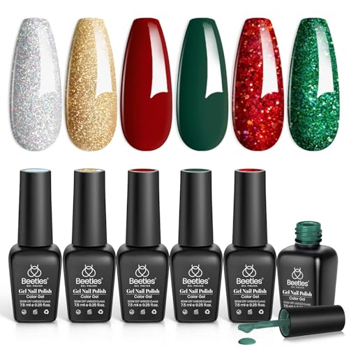 Beetles Gel Nagellack Set, Rot Funkeln Grün Glitzer Gold Silber Winter-Gel-Nail-Polish Dunkelgrün Dunkelrot Gellack-Set Soak-Off-Nagellampe UV-LED-Härtung Nagelkunst-Design für Frauen von beetles Gel Polish