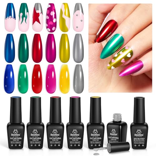 Beetles Gel Nail Polish 7 Pcs UV Nagellack Set Metallisch Gellack 5 Jelly Neon Farben und Dekoration Versiegelungsgel Vergoldet Alter Sammlung Chrom Gelllack für Nagel Soak Off Maniküre Set von beetles Gel Polish
