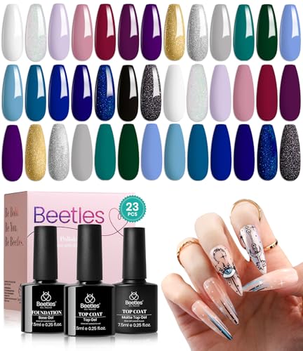 Beetles Gel Nail Polish Kit 20Pcs Celestial Collection with 3pcs Base Gel Top Coat, Black White Blue Purple Green Gel Polish Soak off U V LED Gel Essential Kit Gifts for Women von beetles Gel Polish