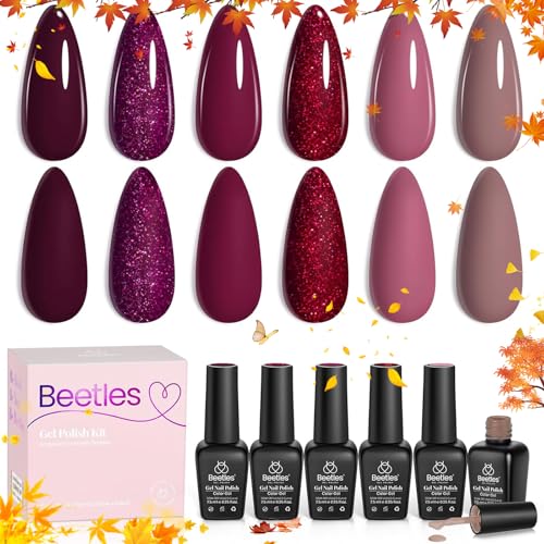 Beetles Gel Nail Polish Set, 6 Pcs Gel Nail Polish Kit Fall Winter Purple Brown Red Glitter Soak Off Nail Thanksgiving Nail Art DIY Home Christmas Minicure Kits Gifts for Women von beetles Gel Polish