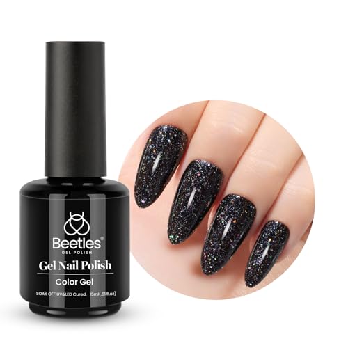 Beetles Gel Polish 1Pcs Gel Nail Polish Reflective Schwarz Glitter 15 ml Glitzerfarbe Schimmernde Gel-lack Geschenk für Nagelkunst DIY- Heimmaniküre Geschenk für Frauen von beetles Gel Polish