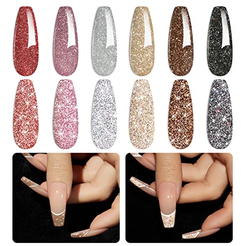 Beetles Glitzer Gel Nagellack Set - 6 Farben Reflektierendes Holografisches Gel Polish Nail Sparkle Flash Dimond Sliver Gold Schwarz Rot UV LED Nagellack Maniküre Kit Geschenk für Frauen Mädchen von beetles Gel Polish