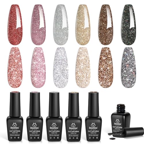 Beetles Glitzer Gel Nagellack Set - 6 Farben Reflektierendes Holografisches Gel Polish Nail Sparkle Flash Dimond Sliver Gold Schwarz Rot UV LED Nagellack Maniküre Kit Geschenk für Frauen Mädchen von beetles Gel Polish