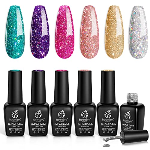 Beetles Glitzer Gel Nagellack Set - 6 Farben Rosa Silber Platin Gel Polish Nail Kit UV LED Nagellampe Glitzer Lila Rosa Grün Gold Nagelkunst Design für Anfänger Nail Art DIY Home von beetles Gel Polish