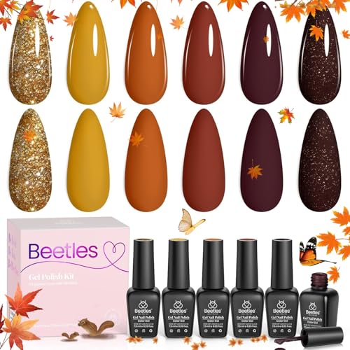 Beetles Gold Gel Nagellack Set, 6 Farben Burgunderrot Orangebraun Nagellack Rotbraun Glitzer Winter Weihnachts-gellack Soak Off UV Gel Nail Art Design Geschenke für Frauen von beetles Gel Polish