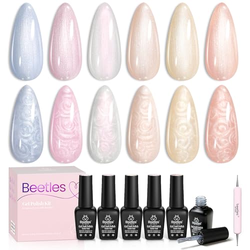 Beetles Pastell UV Nagellack, 6 Farben Perl Rosa Gellack für Nagel Schimmern Meerjungfrau Weiß Rosa Blau Farbe Nagel Hülse Strudel Faden Wirkung Glitzer Soak Off UV Gel Nail Polish von beetles Gel Polish