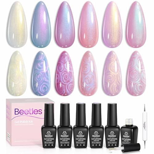 Beetles Pearl Gel-Nagellack, 6 Farben schimmernd perlweiß rosa lila Meerjungfrau-Nagelzeichnung GeLack Soak-Off-UV Wirbel-Muschel-Faden-Effekt DIY-Maniküre Geschenk für Frauen von beetles Gel Polish