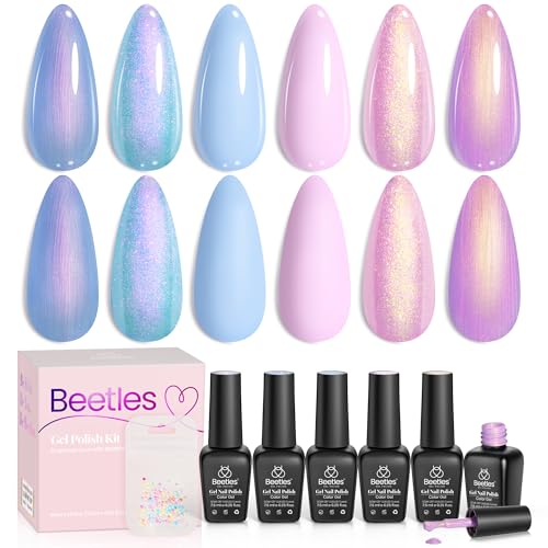 Beetles Pearl Gel Nagellack Set in 6 Farben blau schimmernder GelLack Rosa Lila Meerjungfrau Nagelzeichnung Soak-Off UV-LED Wirbel Gel Lack Muschelfaden Nagellack für Frauen von beetles Gel Polish