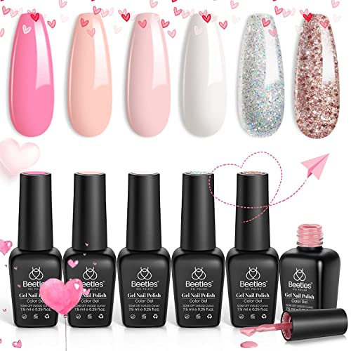 Beetles UV Gel Nagellack Set - 6 Farben French White Nude Pink Glitzer Gel Polish Nail Set Nageldesigns für den Herbst Rosa Dekorationen Basis Überlack für Frauen von beetles Gel Polish