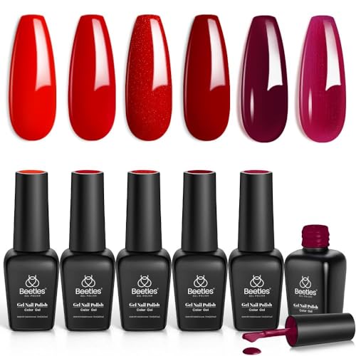 Beetles UV Gel Nagellack Set - 6 Farben Glitzer Rot Dunkel Schnelltrocknend DIY Gel Polish Nail Nageldesign Sets LED Lampe Trocken Gel für Frauen Anfänger Nail Art 7.5ml von beetles Gel Polish