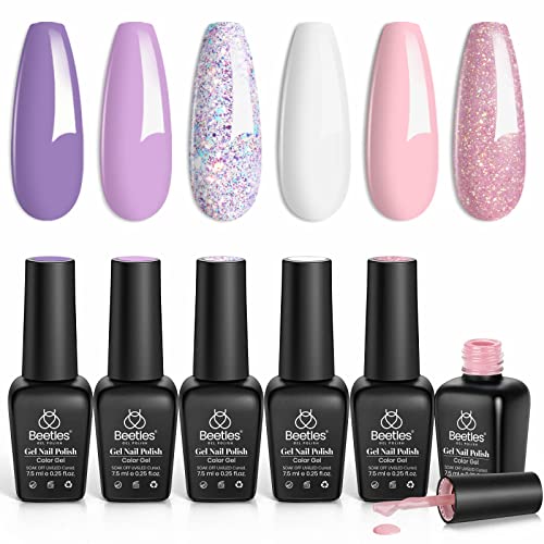 Beetles UV Gel Nagellack Set - 6 Farben Semi Permanente Romantischer Garten Rosa Lila Glitzernder Milchig Weiß Nagellampe Gel Polish Nail Kit Geschenkbox DIY für Anfänger Art Maniküre von beetles Gel Polish