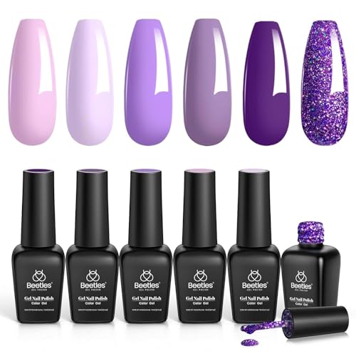 Beetles UV Gel Nagellack Set - 6 Farben Violetter Glitzer Nagellack LED Nagellampe Gel Polish Nageldesigns Ausgehärtete Maniküre Sets DIY Zuhause für Anfänger Nail Art Maniküre 7.5ml von beetles Gel Polish