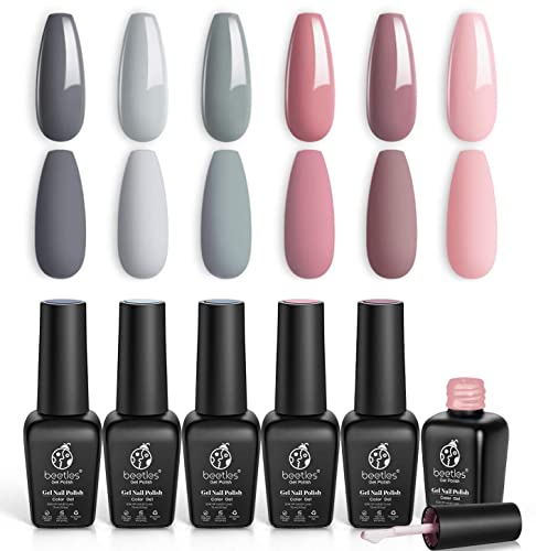 Beetles UV Gel Nagellack Set - Hochzeit beliebtes Nail Art Design 6 Farben Gel Nagellack Set Nude Grau Rosa Maniküre Set Gel Polish Nageldesigns für Frauen Mädchen nfänger Nail Art Maniküre von beetles Gel Polish