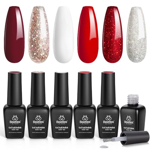 Beetles UV Gel Nagellack Set - Zuckerstange 6 Farben Gel Polish Glitzer Burgund Rotes Sparkle Gel Kit Schneeweiß Silber Nail Art Nageldesigns Geschenke für Anfänger Nail Art Maniküre von beetles Gel Polish