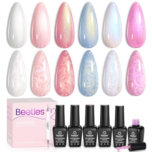 Beetles UV Nagellack Set Perlmutt - 6 Farben Maniküre Perlmutt Muschel Glitzer Weiß Rosa Blau Schimmer Meerjungfrau Gel Polish Nail Wirbelfaden für Anfänger von beetles Gel Polish
