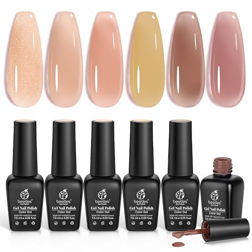 Beetles UV Gel Nagellack Set - 6 Farben Gelee Nagellack Nude Rosa LED Nagellampe Gel Polish Nageldesigns Ausgehärtete Maniküre Sets DIY Zuhause für Anfänger Nail Art Maniküre von beetles Gel Polish