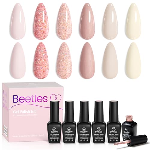 Beetles UV Nagellack Set - 6 Farben Glitzer Gel Nagel Set Nude Jelly Transparentes Nagellampe Gel Polish Nageldesigns LED Maniküre Set für Frauen Anfänger Nail Art von beetles Gel Polish