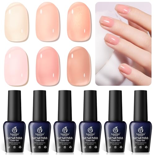 Beetles UV Gel Nagellack Kit - 6 Farben Transparente Nudefarben Pink Nackt Kit LED Nail Lamp Jelly Gel Polish Langanhaltender Gel Schnelltrocknend Nagellack Set für Anfänger Nail Art DIY von beetles Gel Polish