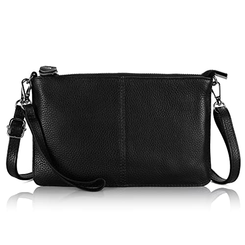 100% Echtes Leder Umhängetasche, 【Klein】Befen Damen Echtleder Umhängetasche mit Schulter & Handschlaufe, Lady Crossbody & Wristlet Bag Clutch, Fit Phone 8 Plus (Schwarz 【echtleder + 2 Riemen】) von befen