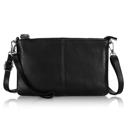 befen Echtleder Damen Umhängetasche Klein Clutch RFID-Blockierung Handtasche Damen Leder Crossbody Bag mit Reißverschluss und Schultergurt & Handgelenkband, Schwarz von befen