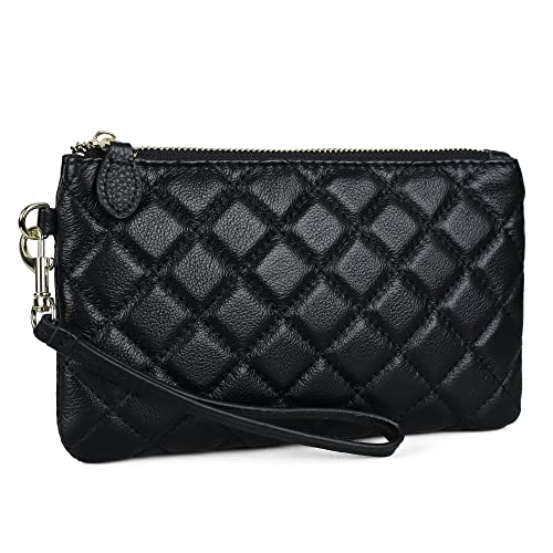 Befen Damen Geldbörse - Kleiner Geldbeutel mit Kartenfächern und Handgelenkschlaufe, Echtleder Portemonnaie mit Reißverschluss, Handgelenktasche Leder, Rautenmuster Schwarz von befen