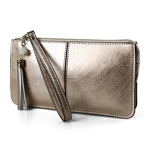 befen Handgelenktasche Damen, Echtes Leder Clutch Damen mit Kartenfächern und Handgelenkband für Weihnachten Phone 8 Plus, Gold von befen