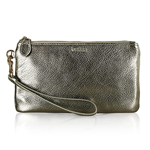 befen Damen-Geldbörse, echtes italienisches Leder, Clutch, Geldbörse, goldfarbener Reißverschluss, Metallisches Bronze-Zinn, Small, Clutch-Geldbörse mit Handgelenk von befen