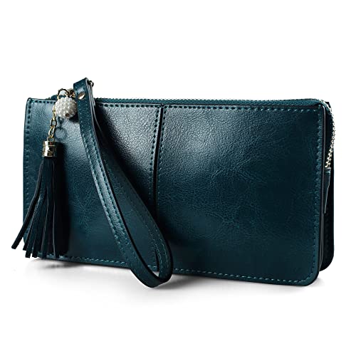 befen Handgelenktasche Damen, Echtes Leder Clutch Damen mit Kartenfächern und Handgelenkband für Weihnachten Phone 8 Plus, Pfauengrün von befen