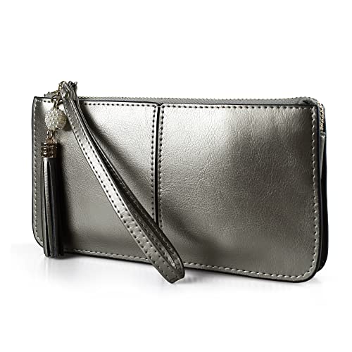 befen Echtes Leder Clutch Damen, Abendtasche Damen mit Kartenfächern und Handgelenkband für Weihnachten Phone 8 Plus, Altes Silber von befen