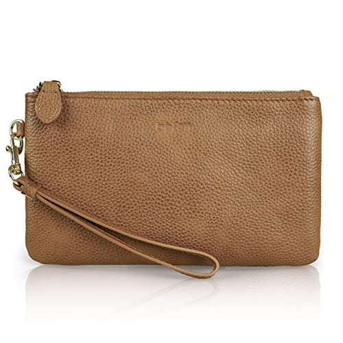 befen Damen-Leder-Handgelenk-Clutch, Handy-Geldbörse, Lammfell, gesteppt, Damen-Crossbody-Handtaschen mit Handgelenkschlaufe und Schultergurt, Vintage Caramel Brown von befen