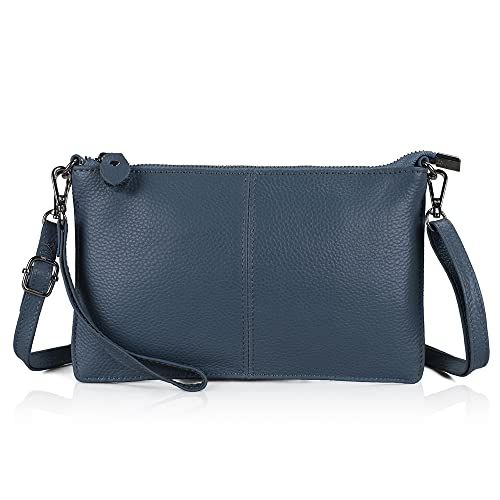 befen Damen Umhängetasche, Echt Leder Handtasche Damen Klein mit Reißverschluss und Schultergurt Damen Portemonnaie für Geld Karten Handy, Handtasche Damen Klein mit Handgelenkschlaufe, Grau Blau von befen