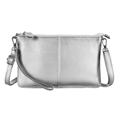 befen Echtleder Damen Umhängetasche Klein Clutch RFID-Blockierung Handtasche Damen Leder Crossbody Bag mit Reißverschluss und Schultergurt & Handgelenkband, Silber von befen