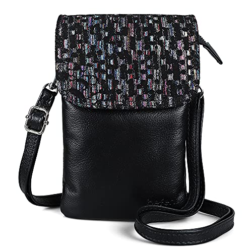 befen Echtes Leder Kleine Handy Crossbody Tasche Geldbörsen für Frauen Cross Body, Silber Reißverschluss, Schwarz mit Glitzer, Small von befen