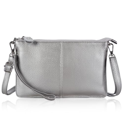 befen Echtleder Damen Umhängetasche Klein Clutch RFID-Blockierung Handtasche Damen Leder Crossbody Bag mit Reißverschluss und Schultergurt & Handgelenkband, Silber von befen