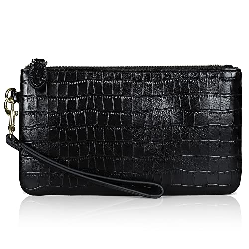 befen Echtleder Handtasche Clutch Bag Damen RFID-Blockierung Wristlet Portemonnaie Geldbörse mit Reißverschluss & Abnehmbare Handgelenk für Abend, Urlaub, Schwarz Krokodildruck von befen
