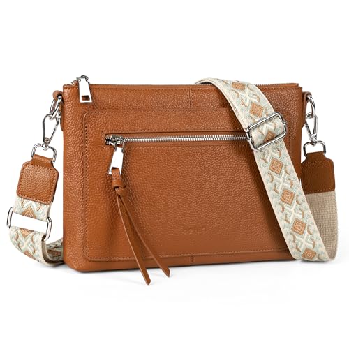 befen Echtleder Umhängetasche Damen Mittelgroß, Crossbody Bag Leder Handytasche zum Umhängen, Moderne Kleine Handtasche Damen mit Verstellbar Breitem Gurt, Braun von befen