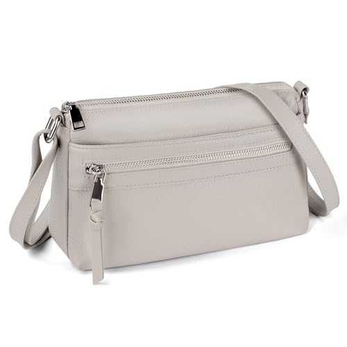 befen Echtleder Handtasche Damen Mittelgroß, Crossbody Bag Leder RFID-Blockierung Handytasche zum Umhängen, Moderne Kleine Umhängetasche Damen mit Verstellbar Schultergurt, Grau von befen