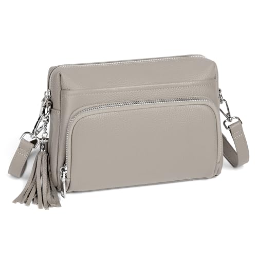 befen Echtleder Handtasche Damen Umhängetasche Kleine, Crossbody Bag Leder RFID-Blockierung Handytasche zum Umhängen, Schultertasche Damen mit Integrierter Brieftasche, Grau von befen