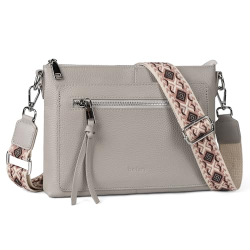 befen Echtleder Umhängetasche Damen Mittelgroß, Crossbody Bag Leder Handytasche zum Umhängen, Moderne Kleine Handtasche Damen mit Verstellbar Breitem Gurt, Grau von befen