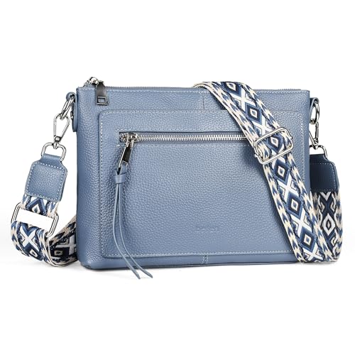 befen Echtleder Umhängetasche Damen Mittelgroß, Crossbody Bag Leder Handytasche zum Umhängen, Moderne Kleine Handtasche Damen mit Verstellbar Breitem Gurt, Hellblau von befen
