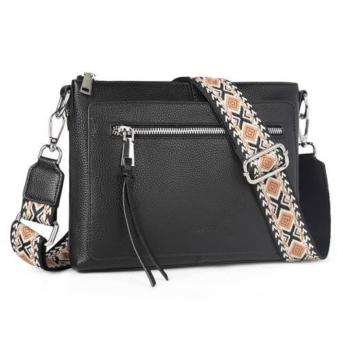 befen Echtleder Umhängetasche Damen Mittelgroß, Crossbody Bag Leder Handytasche zum Umhängen, Moderne Kleine Handtasche Damen mit Verstellbar Breitem Gurt, Schwarz von befen
