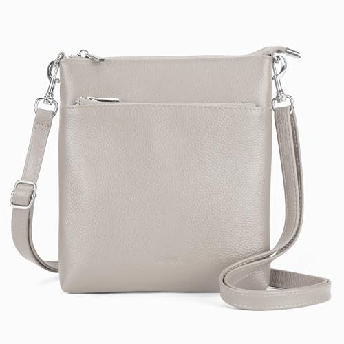 befen Echtleder Umhängetasche Damen Mittelgroß, Handtasche Damen Leder mit Handyfach, Klein Crossbody Bag Handytasche zum Umhängen mit Verstellbar Abnehmbar Schultergurt, Grau von befen