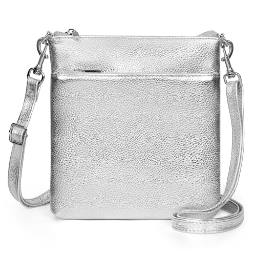 befen Echtleder Umhängetasche Damen Mittelgroß, Handtasche Damen Leder mit Handyfach, Klein Crossbody Bag Handytasche zum Umhängen mit Verstellbar Abnehmbar Schultergurt, Silber von befen