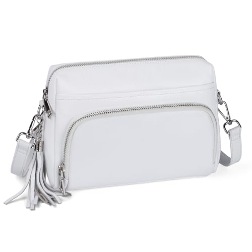 befen Handy Umhängetasche Damen Echtleder Crossbody Bag Schultertasche RFID-Blockierung mit Integrierter Geldbörse, Moderne Handtasche Damen Kleine mit Verstellbar Abnehmbar Gurt, Weiß von befen