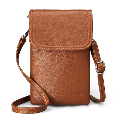 befen Handytasche zum Unhängen Damen, Echtleder Handytasche mit Geldbörse zum Umhängen Kleine Umhängetasche Damen mit Langem Riemen und Schlüsselring für Phone unter 6,7 Zoll, Braun von befen