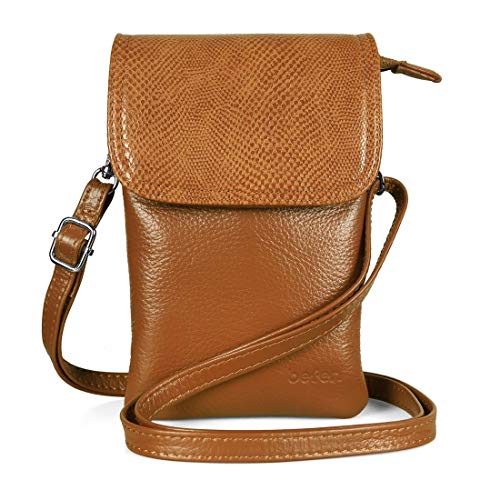 Echtleder Handytasche zum Umhängen, Handy Umhängetasche Damen Klein, Handtasche mit Geldbörse zum Umhängen Leder, Crossbody Bag Damen mit Verstellbarer Riemen und Schlüsselanhänger, Eidechse Braun von befen