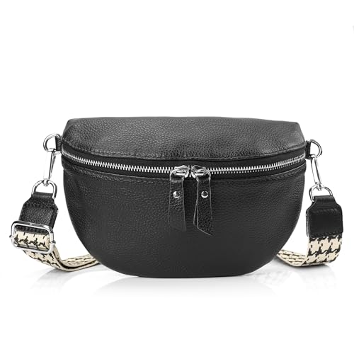 befen Kleine Umhängetasche Damen, Echtleder Gürteltasche Damen mit Verstellbarem Schultergurt und Reißverschluss Bauchtasche Damen Stylisch für Frauen Weihnachten,Schwarz mit breitem Gurt von befen