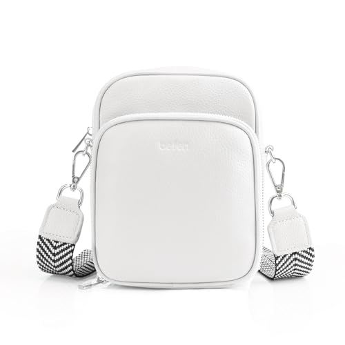 befen Kleine Umhängetasche aus echtem Leder, für Reisen, integrierte RFID-blockierende Geldbörse, Diebstahlschutz, mit Gitarrengurt, Weiß, Weiss/opulenter Garten, Umhängetasche von befen