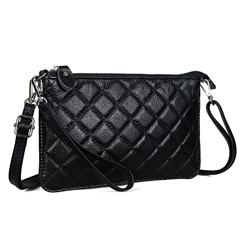 befen Umhängetasche aus 100% echtem Leder, klein Damen-Umhängetasche aus echtem Leder mit Schulter- und Handgelenkschlaufe, Diamond Quilted Black 【Echtes Leder + 2 Riemen】, S von befen